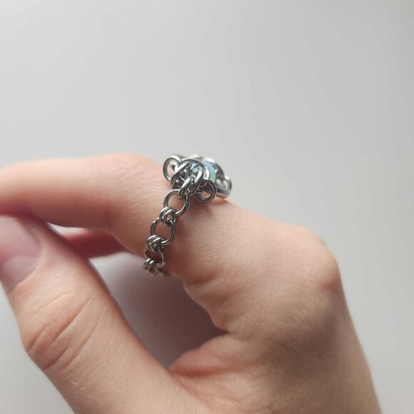 Opalite big silver medieval elf chainmail chain-link ring ✦ size 9 ✦ - Picture 4 of 9